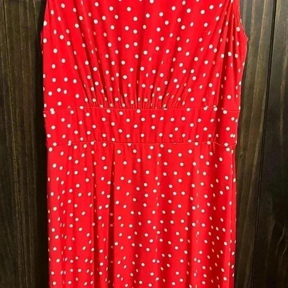 LONDON TIMES Sleeveless Flare Midi Dress Red with White Polkadots-Size: US 8 - Picture 10 of 10